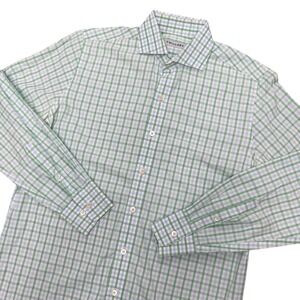 Twillory Dress Shirt Mens 15.5 32/33 Green Blue Gingham Tailored Fit Long Sleeve